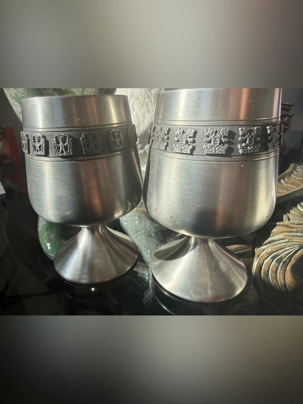 Vintage Schohaus Pewter Goblets Set of 2 Bolivia Inca Andean Design 4.5”